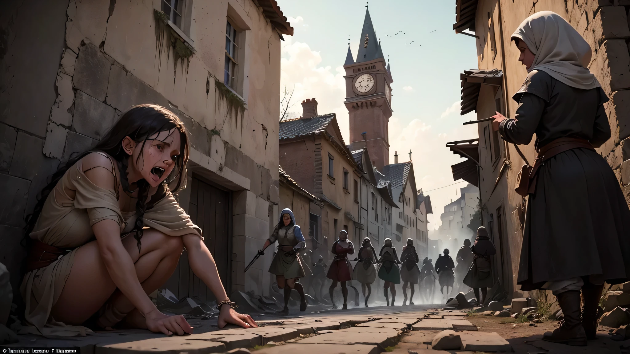 Among the ruins of the medieval village, the aftermath of the attack is painfully evident. The ground is littered with the bodies of men, women, and children, their faces frozen in expressions of terror. The survivors, desperate and hopeless, try to escape the horror. In a secluded corner, a group of rebels brutally assaults a woman, their laughter cruel and heartless. Other villagers, witnessing the atrocities, run frantically through the streets, their cries for help echoing against the broken walls. The once familiar and safe village is now a nightmarish landscape of suffering and chaos." sexy