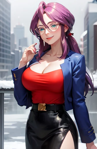 masterpiece, best quality,  animeLorelei, purple hair, blue eyes, hair between eyes, glasses, blue jacket, red shirt, cleavage, belt, pencil skirt, large breasts, smile, looking at viewer, winter, cityscape, snow, hand up