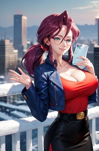masterpiece, best quality, animeLorelei, purple hair, blue eyes, hair between eyes, glasses, blue jacket, red shirt, cleavage, belt, pencil skirt, large breasts, smile, looking at viewer, winter, cityscape, snow, hand up