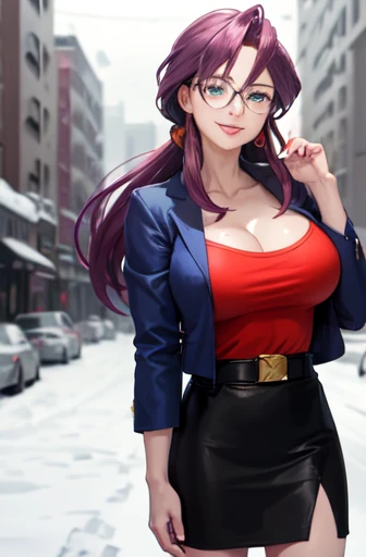 masterpiece, best quality,  animeLorelei, purple hair, blue eyes, hair between eyes, glasses, blue jacket, red shirt, cleavage, belt, pencil skirt, large breasts, smile, looking at viewer, winter, cityscape, snow, hand up