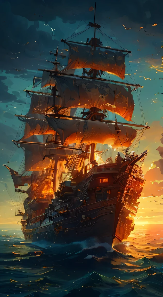 A picture of a ship floating on the sea with the sunset as the background, Detailed cover artwork, Awesome Wallpapers, pirate ship, old pirate ship, Gothic ship at sea, Highly detailed digital art in 4K, Burning ship, Inspired by Gaston Bussière, By Roman Bezparkiv, Detailed painting 4k, Arthur Pang, By Alexander Guinn