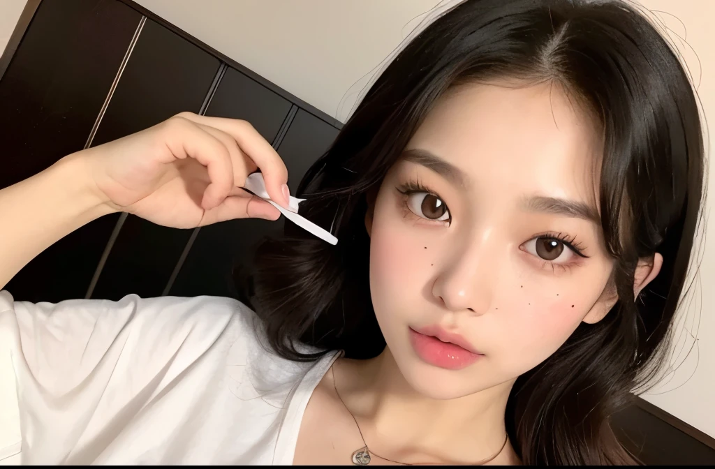 Close-up of a woman with long hair and a cigarette, Ela tem cabelo preto With bangs, Ulzzang, With bangs completa, Larisa Manovar, With bangs, Korean, cabelo arrumado With bangs, 14 years pld pretty Asian girl, cabelo comprido With bangs completa, cabelos longos With bangs, Young and adorable Korean face, Pale, round face, young asian girl
