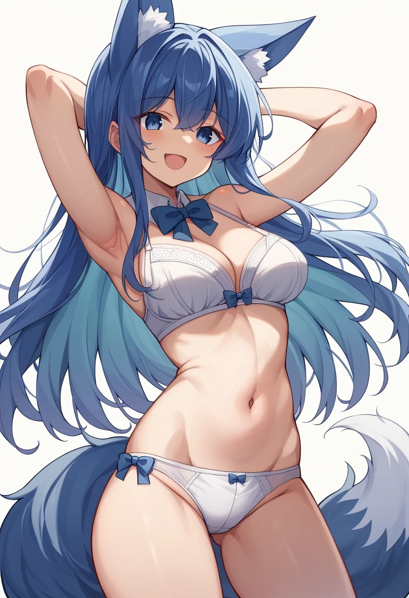 1 girl、solo、Long Hair、chest、Staring at the audience、smile、Open your mouth、blue eyes、大きなchest、ribbon、belly button、Animal ears、chestの谷間、Exposed shoulders、中くらいのchest、underwear、Blue Hair、Are standing、tail、Thighs、Cowboy Shots、Raise your hand、A bow tie、Underarm、stomach、bra、Raise your arms、Animal earsの毛、See-through、Fox Ears、night、Fox's Tail、underwearのみ、lingerie、Fox Girl、青いbra、baby doll
