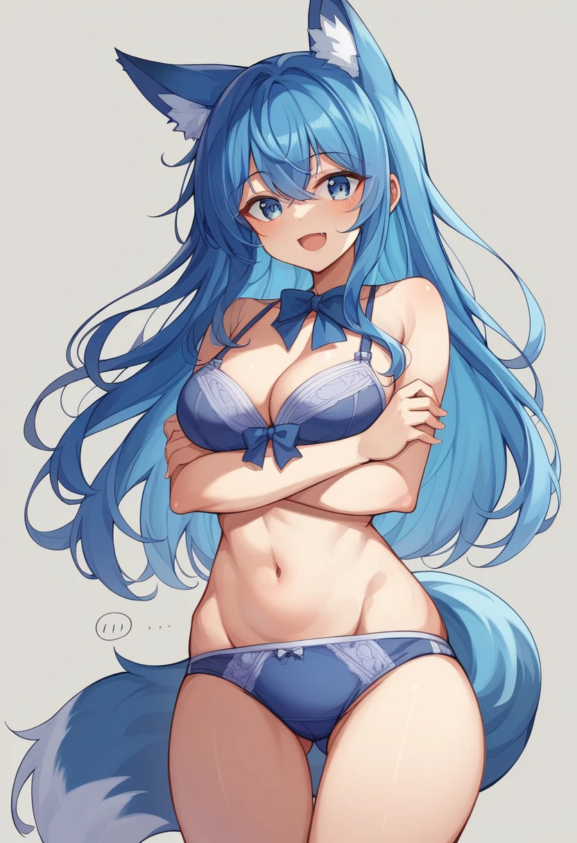 1 girl、solo、Long Hair、chest、Staring at the audience、smile、Open your mouth、blue eyes、大きなchest、ribbon、belly button、Animal ears、chestの谷間、Exposed shoulders、中くらいのchest、underwear、Blue Hair、Are standing、tail、Thighs、Cowboy Shots、Raise your hand、A bow tie、Underarm、stomach、bra、Raise your arms、Animal earsの毛、See-through、Fox Ears、night、Fox&#39;s Tail、underwearのみ、lingerie、Fox Girl、青いbra、baby doll