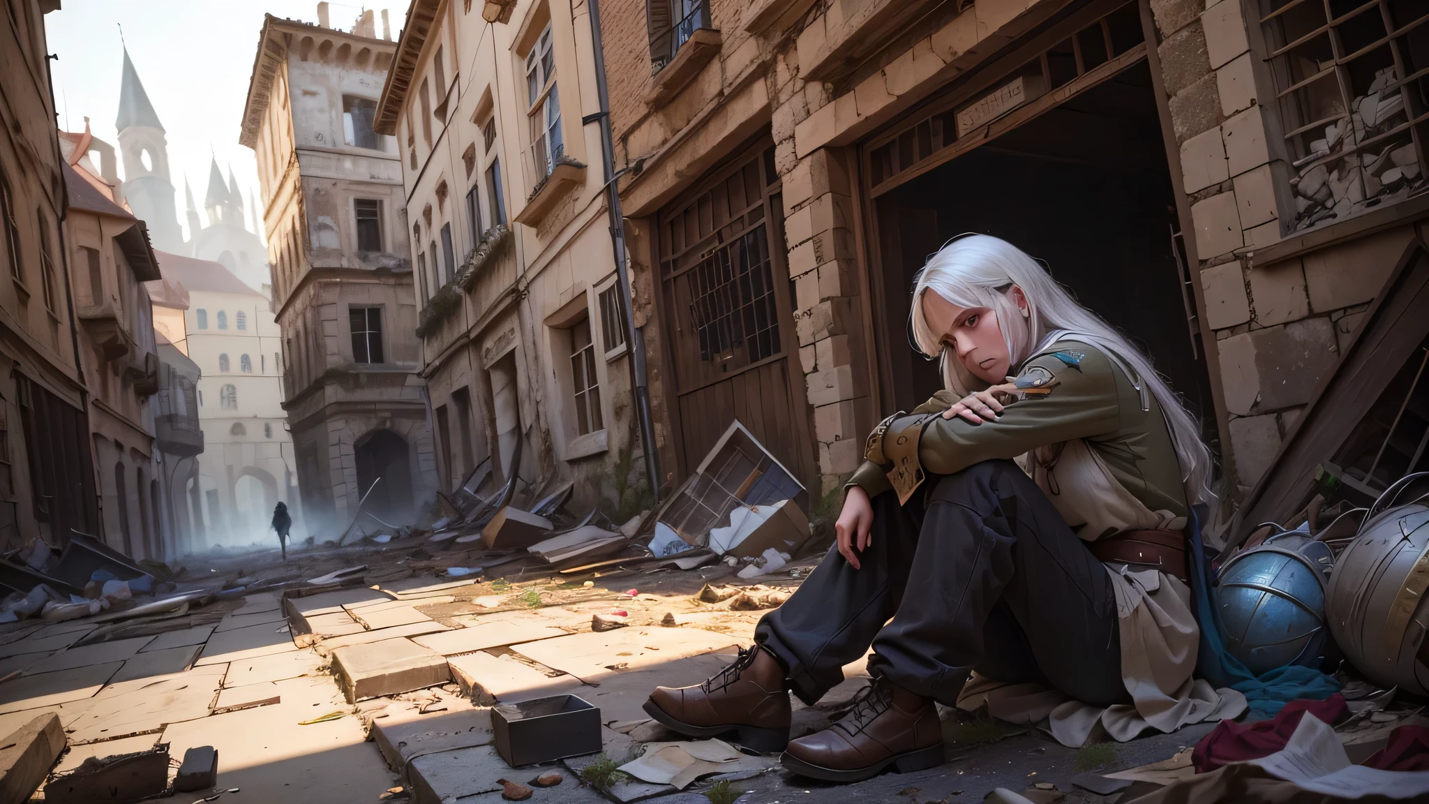 "In the heart of the devastated medieval city, a lone survivor sifts through the debris, searching for anything salvageable. The expression of despair and hopelessness is evident on their face as they navigate through the wreckage of what was once a vibrant community."