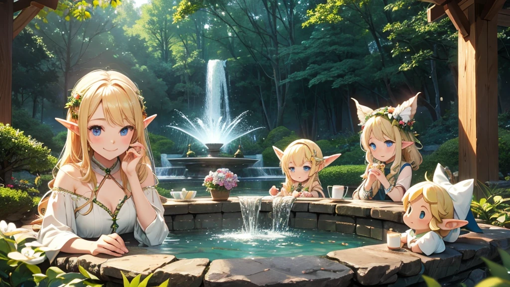 Cute Elf、Blonde、Fountain in the forest、Chill out、smile