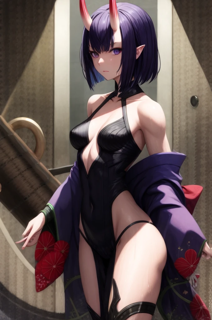 masterpiece,best quality,high resolution,8k,ultra HD,wallpaper,illustration,perfect face,cowboy shot,beautiful detailed eyes,extremely detailed face,perfect lighting,extremely detailed CG,perfect hands,perfect anatomy,perfect body,perfect hands,perfect fingers,1woman,full body,megami magazine,(muscle fighter:1.1),purple bob hair,purple eyes,(large breasts:1.5),(Medium ass:1.1),medium nipples,,japanese oiran purple yukata,,clothed,,collarbone,,looking at viewer,sexy look pose,Steam,,sweat,home,forehead two demon horn ears,perfect demon horn