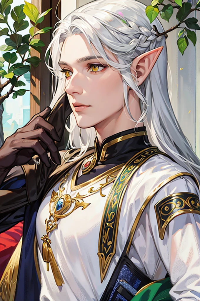 a beautiful elf with silver hair, yellow eyes, Elf&#39;s ears, White skin, big bust, sensual, glaring at you (to throw)