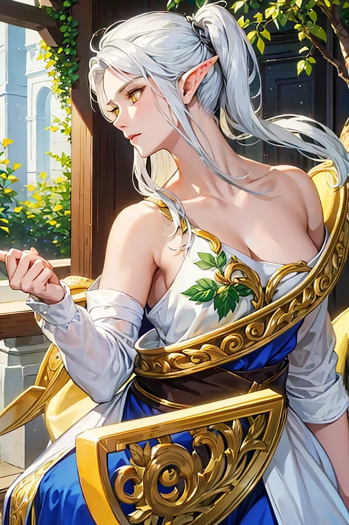 a beautiful elf with silver hair, yellow eyes, Elf&#39;s ears, White skin, big bust, sensual, glaring at you (to throw)