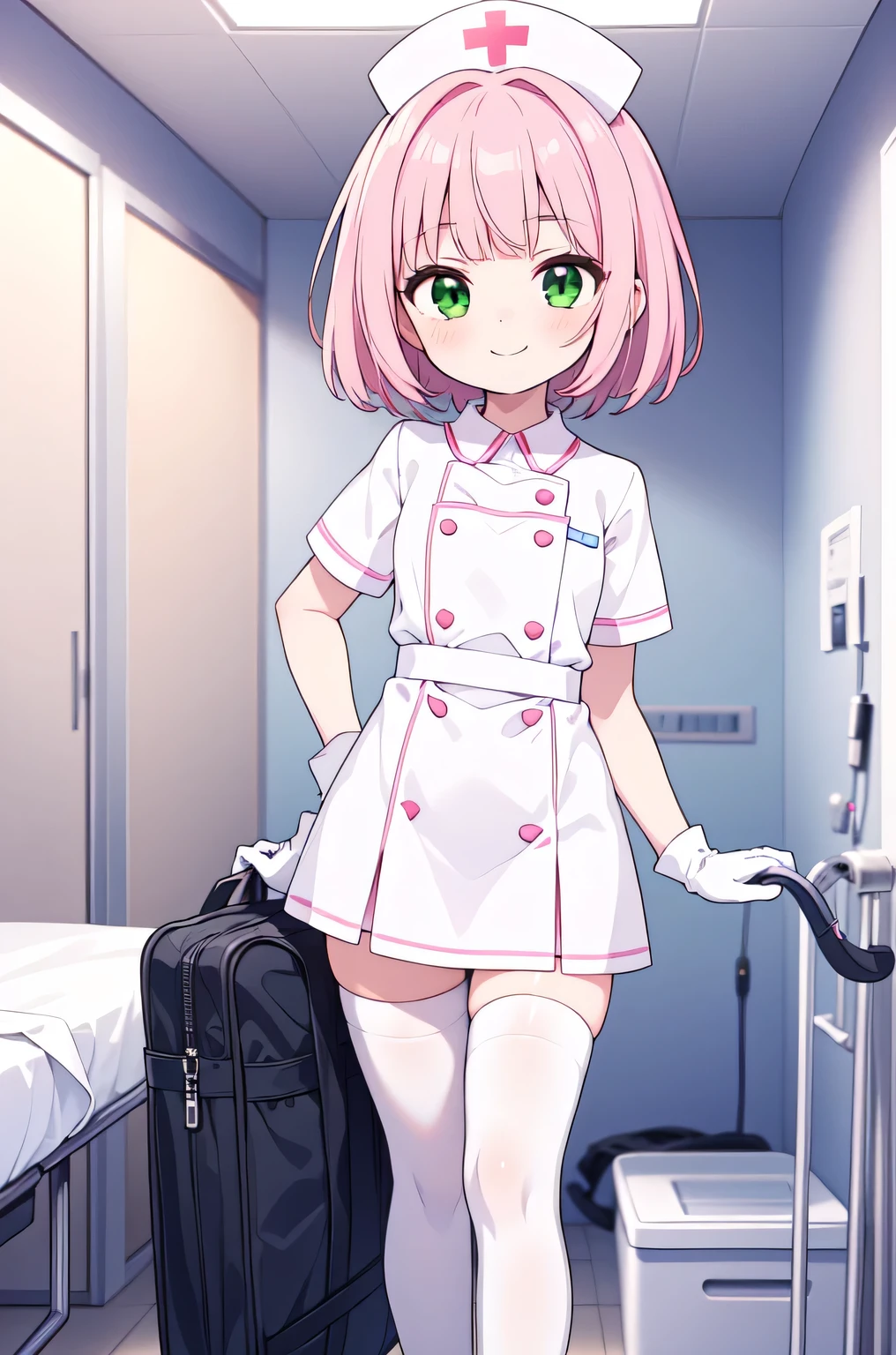 1boy, solo, male focus, nurse, white nurse cap, white nurse uniform, ((white legwear, zettai ryouiki)), white gloves, blunt bangs, pink hair, green eyes, drooping eyes, smile, standing, ((hospital room)), sharp outline, short sleeves, shota, 12 years old, best quality, masterpiece