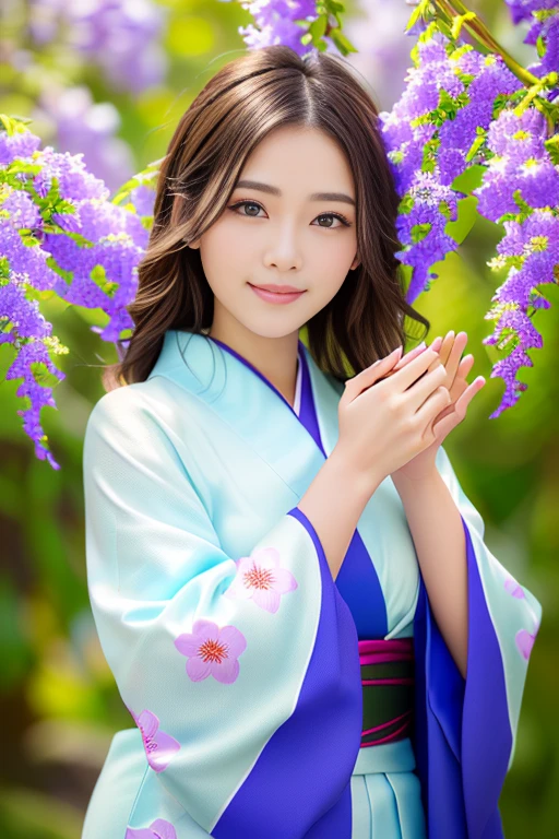 Photo-realistic quality、araffe woman in a kimono dress holding a flower in her hand,Wisteria flower、in kimono, wearing royal kimono, kimono, in a kimono, wearing kimono, wearing a kimono, japanese kimono, Beautiful Japanese, pale and coloured kimono, looking at the camera、Detailed and beautiful eyes、Cute smile、A soft and gentle look