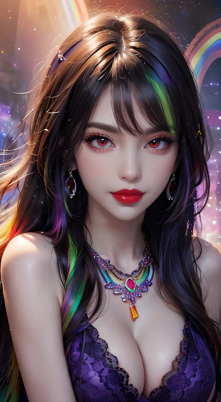 A beautiful and sexy 20 year old girl, wearing a super thin red dress, ((long hair dyed rainbow colors:1.6)), bangs, the most detailed jewelry and beautiful hair, ((wears purple lace necklace:1.6) )), Super cute small face, very pretty face, thin eyebrows, flawless beautiful face, ((black eye pupil: 0.8)), very beautiful eyes, ((red eyes pale:1.5)), beautiful makeup and detailed eyelashes, steamy eye makeup, high nose, earrings, red lips, ((closed mouth:1;5 )) beautiful lips, slim hands, most beautiful thighs, ((arms spread out to the sides: 1.5)), rosy face, clean face, flawless beautiful face, smooth white skin, (big breasts: 1.5)), ((high breasts: 1.6)), Breasts plump, beautiful cleavage, ((big and super round breasts: 1.8))), ((super tight breasts: 1.5)), beautiful breasts, back arms, beautiful girl's upper body, 8k photo, quality super high, hyper realistic, 10x super pixel, photorealistic, dark studio, light edges, two-tone bright, (high detail skin:1.2), super 8k, soft light, high quality, lighting volumetric, realistic, Photo, high resolution, light, best photo, 4k, 8k quality, blur effect, Smooth and sharp, 10 x pixels, (galaxy: 1.7), aurora, lightning, surreal graphics, most realistic graphics, alone, solo, Extremely sharp, surreal images, (((frontal portrait:1.3)))."