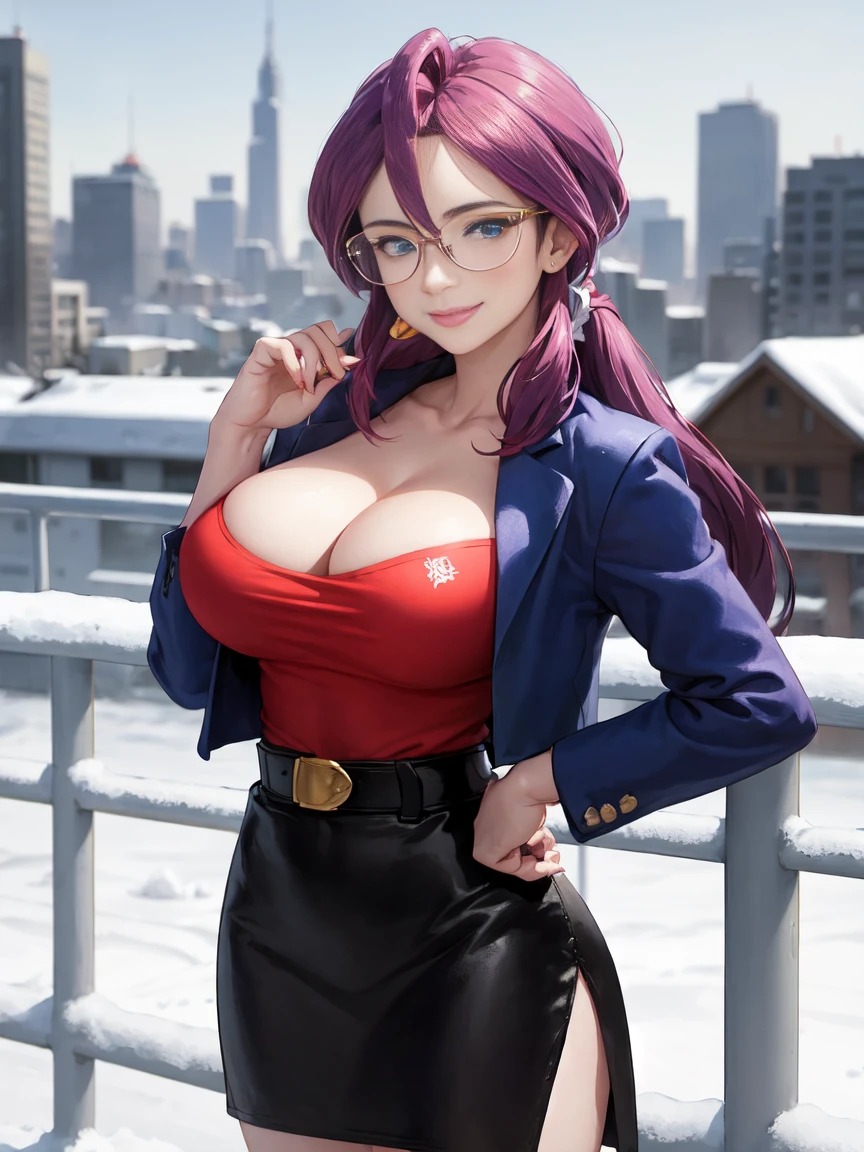 masterpiece, best quality,  animeLorelei, purple hair, blue eyes, hair between eyes, glasses, blue jacket, red shirt, cleavage, belt, pencil skirt, large breasts, smile, looking at viewer, winter, cityscape, snow, hand up