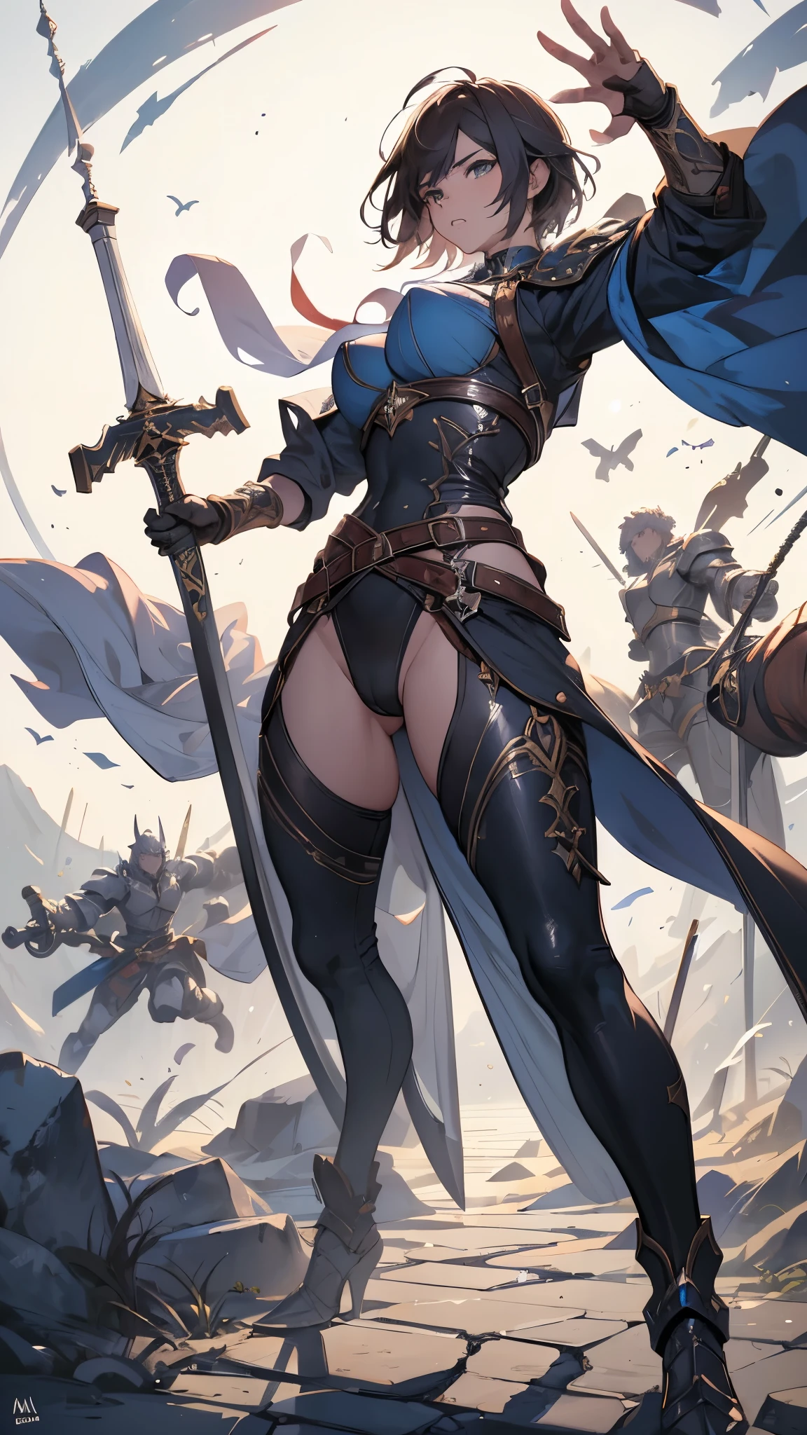 (masterpiece, 4K ,Super detailed:1.2), (anime:1), (Perfect quality), (((Adult body))), ((Swinging a big sword, Combat Ready)), The whole body is shown, Looking at the viewer, Big body, Wandering Swordsman, boyish, short hair