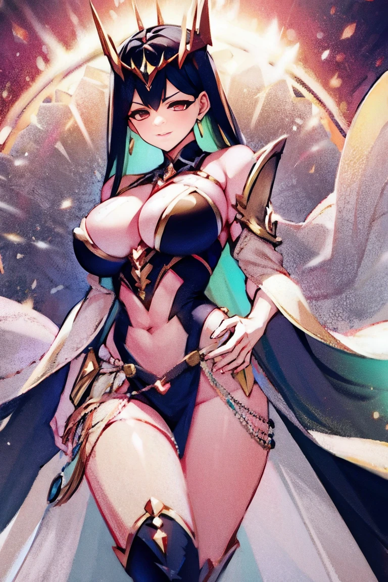 black hair, bare shoulder, red eyes, very long hair, cleavage, large breasts, dress, showgirl skirt, high-leg, cleavage cutout, tiara, bare thighs, gauntlets, bare shoulder, (((perfect hands, perfect fingers, accurate hands and fingers, 5 fingers))), adult face, fearless face,