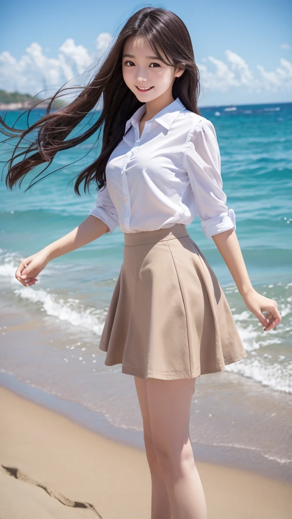 Cute Girls､high school girl､uniform､mini skirt､See-through､Fluttering in the wind､Ocean､Sandy Beach