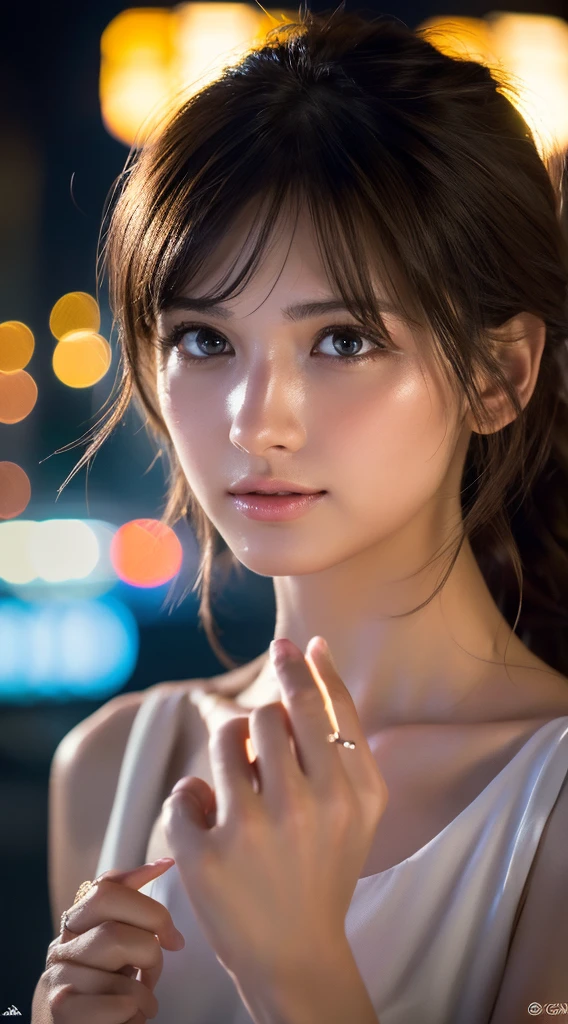 Systemic composition, Mix 4, (8k, RAW Photos, Highest quality, masterpiece: 1.2), (Realistic, photoRealistic: 1.37), 1 girl, cute, Cityscape, night, rain, Wet, Professional Lighting, Photon Mapping, Radio City, Physically Based Rendering, Gradient brunette hair, Short Curly, Brush your hair up with your hands, good looking, Girlish, White ball set, Excellent image quality, High resolution, 1080P, (Clear Face), (Detailed face description), (Detailed hand description), (masterpiece), (Exquisite CGI), Extreme light and shadow, Disheveled Hair, masterpiece, Rich details, (Exquisite facial features), (Best image quality), (masterpiece), (Eye on the details), My eyes are excited, Delicate clavicle