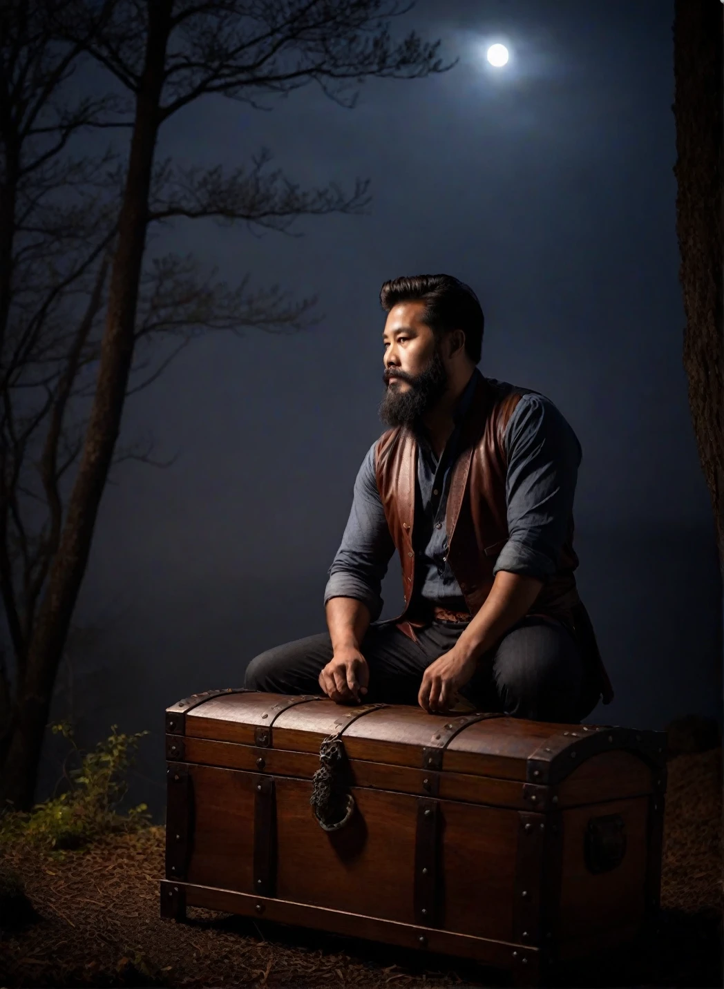 老海賊のphotograph, beard, fog, Dark atmosphere, night, close, Sitting on top of a treasure chest, (Highest quality, 4K, masterpiece, Amazing details:1.1), Film Grain, Fujifilm XT3, photograph,