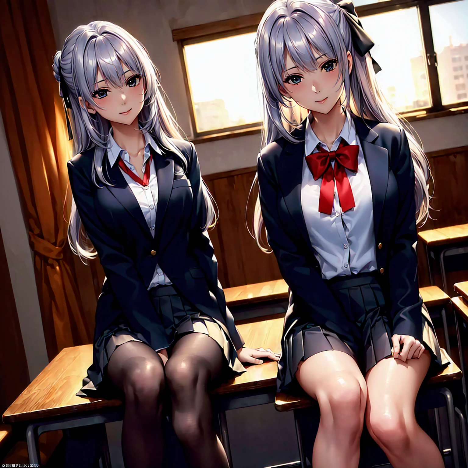 highest quality、masterpiece、1 girl、(blush:1.5)、(smile:1.5)、((fun!!))、cute、(silver hair)、dog ears、high school girl、((classroom:1.5))、()、、Kamimei、look at me、(No panties:1.3)、((shaved pussy:1.5)), ((red bow tie, , black jacket, open jacket, white cardigan, white shirt, black skirt, plaid skirt、black socks))、 (No panties:1.3)、((shaved pussy:1.5))、(highly detailed closed labia:1.5)、light blue eyes、long hair