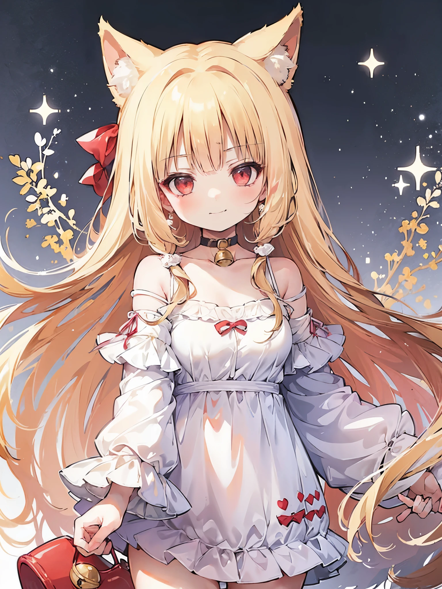 (masterpiece, Best Quality:1.2), best quality, high quality, ultra detailed, masterpiece, 1girl, 10 years old, , red eyes, long fluffy blonde hair, cat ears, (((smug))), grin, looking at viewer, off-the-shoulder white t-shirt, choker with a bell.