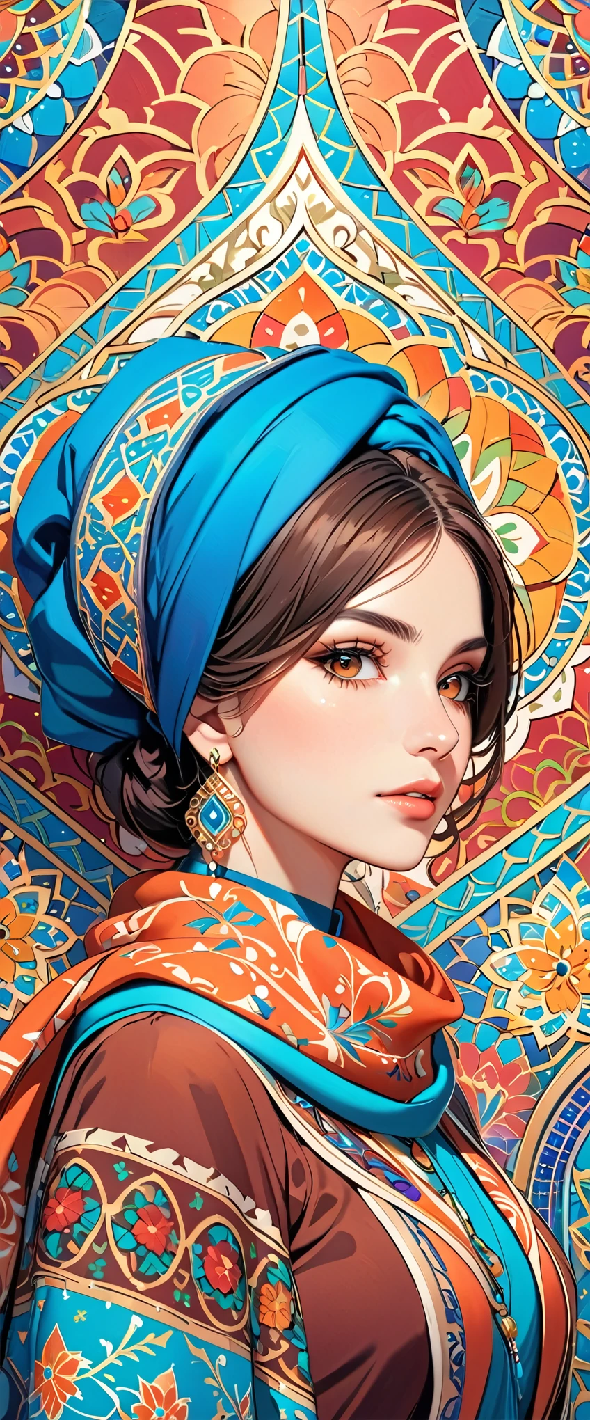 (masterpiece:1.2,Highest quality,Ultra-high resolution,Super detailed),(Best illustrations),8k,wallpaper,(Written boundary depth),(Sophisticated lighting:1.2),BREAK(1 female),(turkish woman:1.6),(Wearing a scarf on her head:1.6),(front:1.6),(The background is a colorful and beautiful arabesque pattern.)