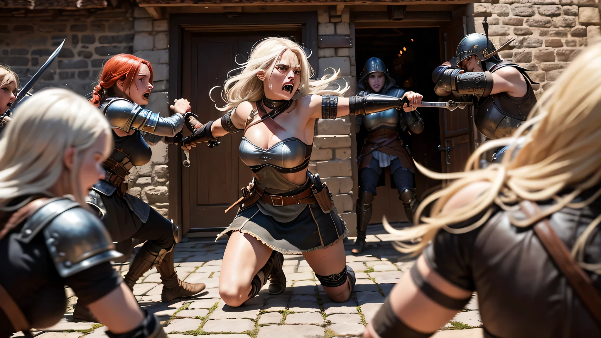 Rebel warriors, clad in rugged leather armor and bearing swords and axes, storm into the medieval village, kicking down wooden doors and dragging terrified women from their thatched-roof homes. The women scream and struggle, but the rebels, with fierce and ruthless expressions, overpower them easily. The scene is chaotic, with cries for help echoing through the cobblestone streets.