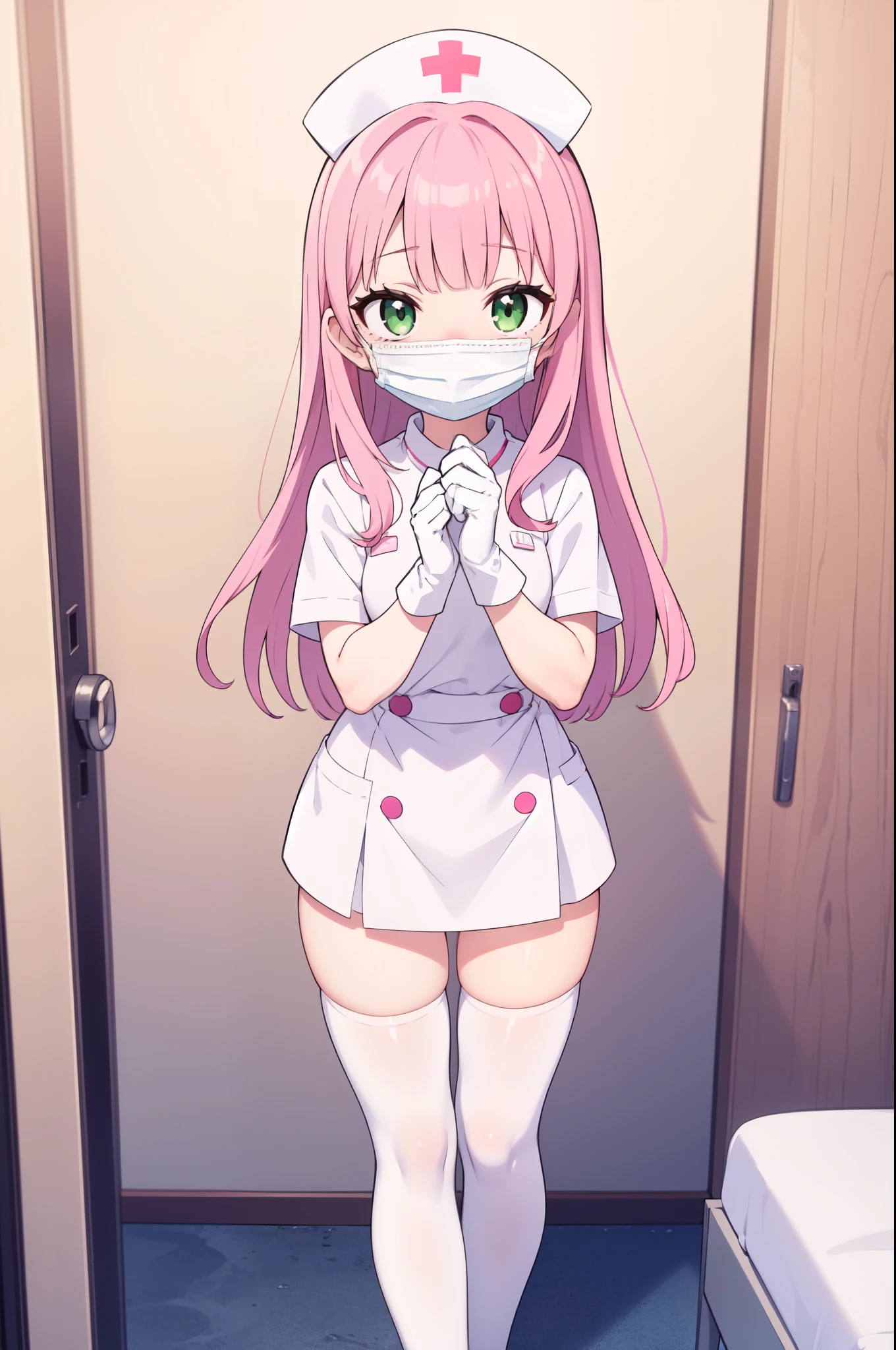 1boy, solo, male focus, nurse, white nurse cap, white nurse uniform, ((white legwear, zettai ryouiki)), white gloves, blunt bangs, pink hair, green eyes, drooping eyes, ((white surgical mask, covered nose)), standing, ((hospital room)), sharp outline, short sleeves, shota, , best quality, masterpiece