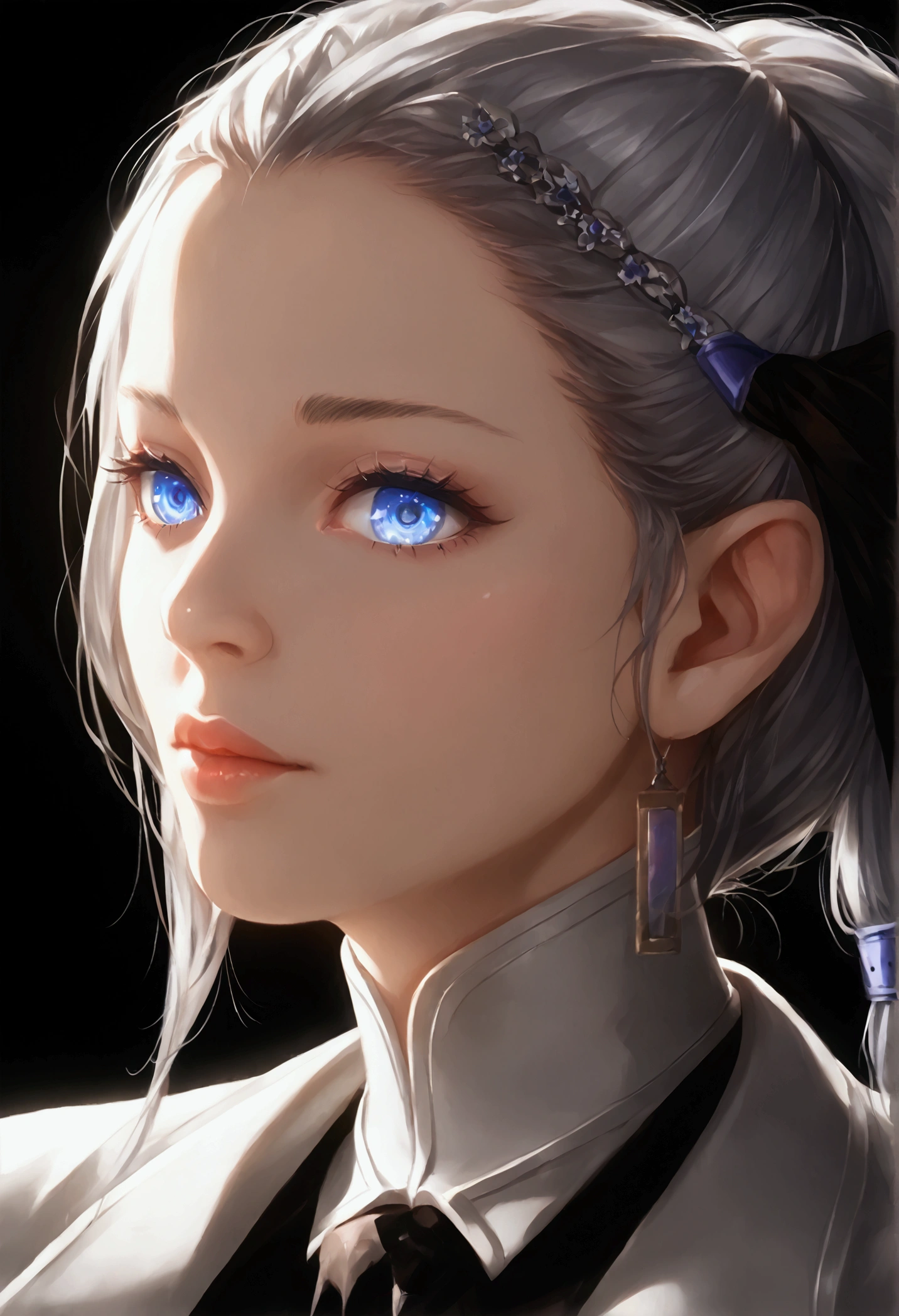 A woman with long grey hair tied in a neck, anime style, 2.5D art, beautiful detailed eyes, beautiful detailed lips, extremely detailed face and portrait, solo, portrait, cinematic lighting, dramatic lighting, highly detailed, intricate details, hyperrealistic, photorealistic, vibrant colors, moody atmosphere, artstation quality, tied like animal, slaves