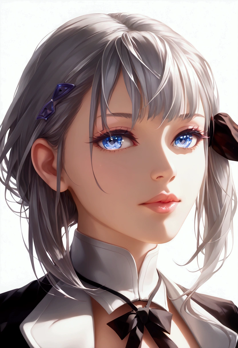 A woman with long grey hair tied in a neck, anime style, 2.5D art, beautiful detailed eyes, beautiful detailed lips, extremely detailed face and portrait, solo, portrait, cinematic lighting, dramatic lighting, highly detailed, intricate details, hyperrealistic, photorealistic, vibrant colors, moody atmosphere, artstation quality, tied like animal, slaves