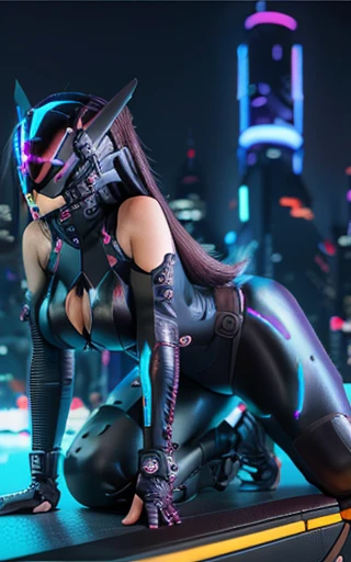 16k image, gorgeous [Woman | Batman], black tight  leather bikeroutfit on body, bikersuit, biker gloves, (huge breasts), slim body, futuristic (all closed cyber helmet) with jackal ears, faceoff, cyberpunk, lustful, seductive, leaning down, bending down, sexy pose, side view, ( on background of night neon japan city ), detailed digital art, cybernetic, detailed palms, detailed biker gloves,
