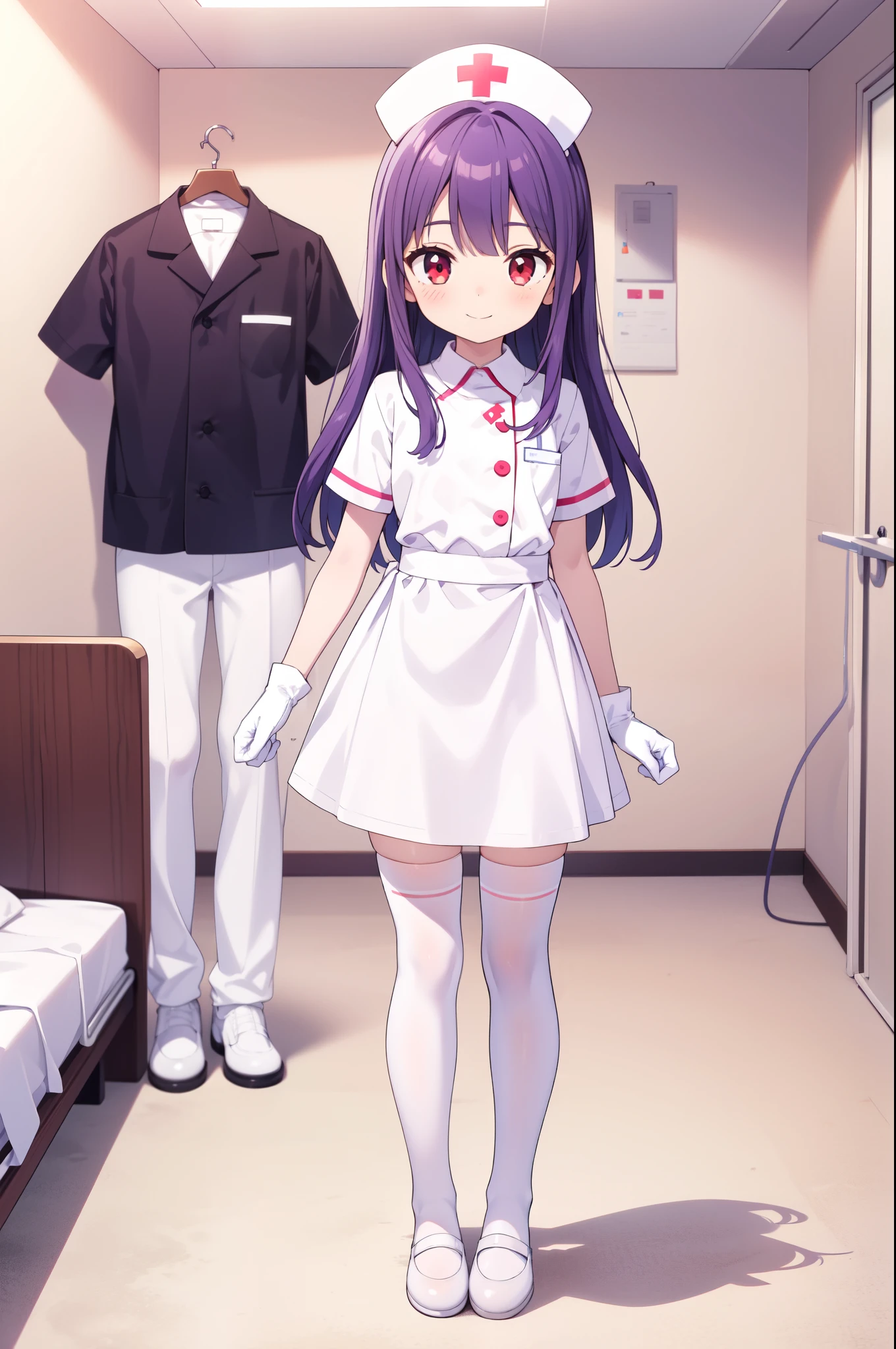 1boy, solo, male focus, nurse, white nurse cap, white nurse uniform, ((white legwear, zettai ryouiki)), white gloves, long hair, purple hair, red eyes, smile, standing, ((hospital room)), sharp outline, short sleeves, shota, , best quality, masterpiece