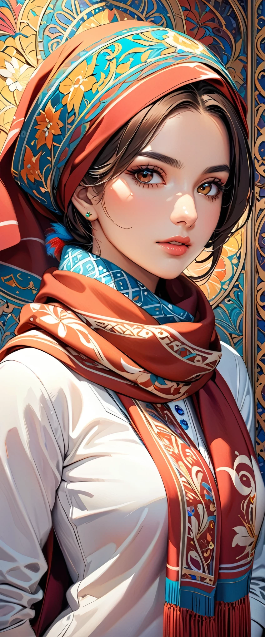 (masterpiece:1.2,Highest quality,Ultra-high resolution,Super detailed),(Best illustrations),8k,wallpaper,(Written boundary depth),(Sophisticated lighting:1.2),BREAK(1 female),(turkish woman:1.6),(Wearing a scarf on her head:1.6),(front:1.6),(The background is a colorful and beautiful arabesque pattern.)