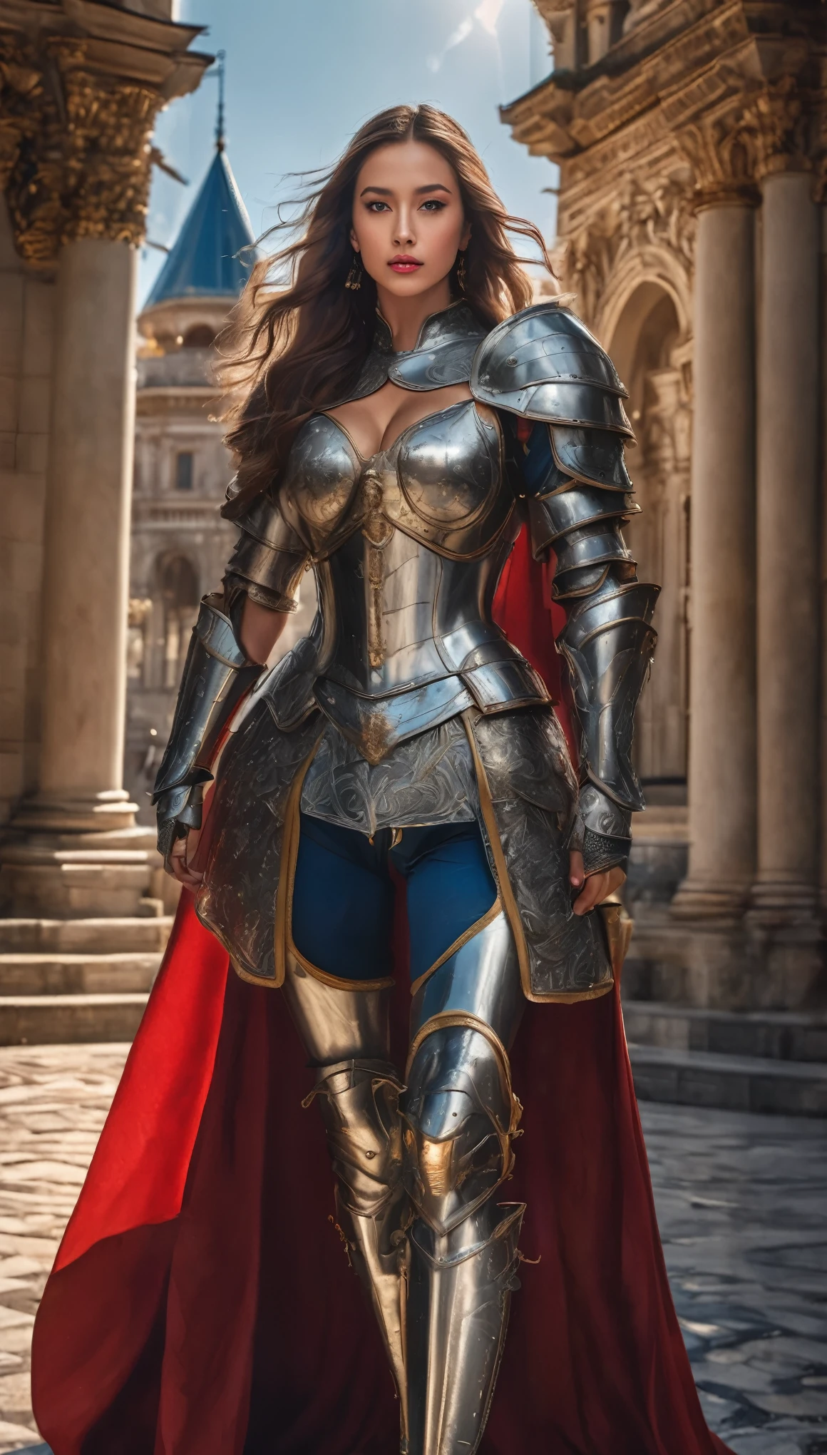 Highest quality, Realistic, photoRealistic, Award-winning photography, (Intricate details, royal palace: 1.2), (Subtle details), (Intricate details), (Cinematic Light, Super sexy long hair woman, knight, , huge bouncing chests, sexy long legs, dynamic sexy pose, knightの正装, Colorful and intricately constructed armor, knight, leg armor, Red Cape, Upper body close-up),