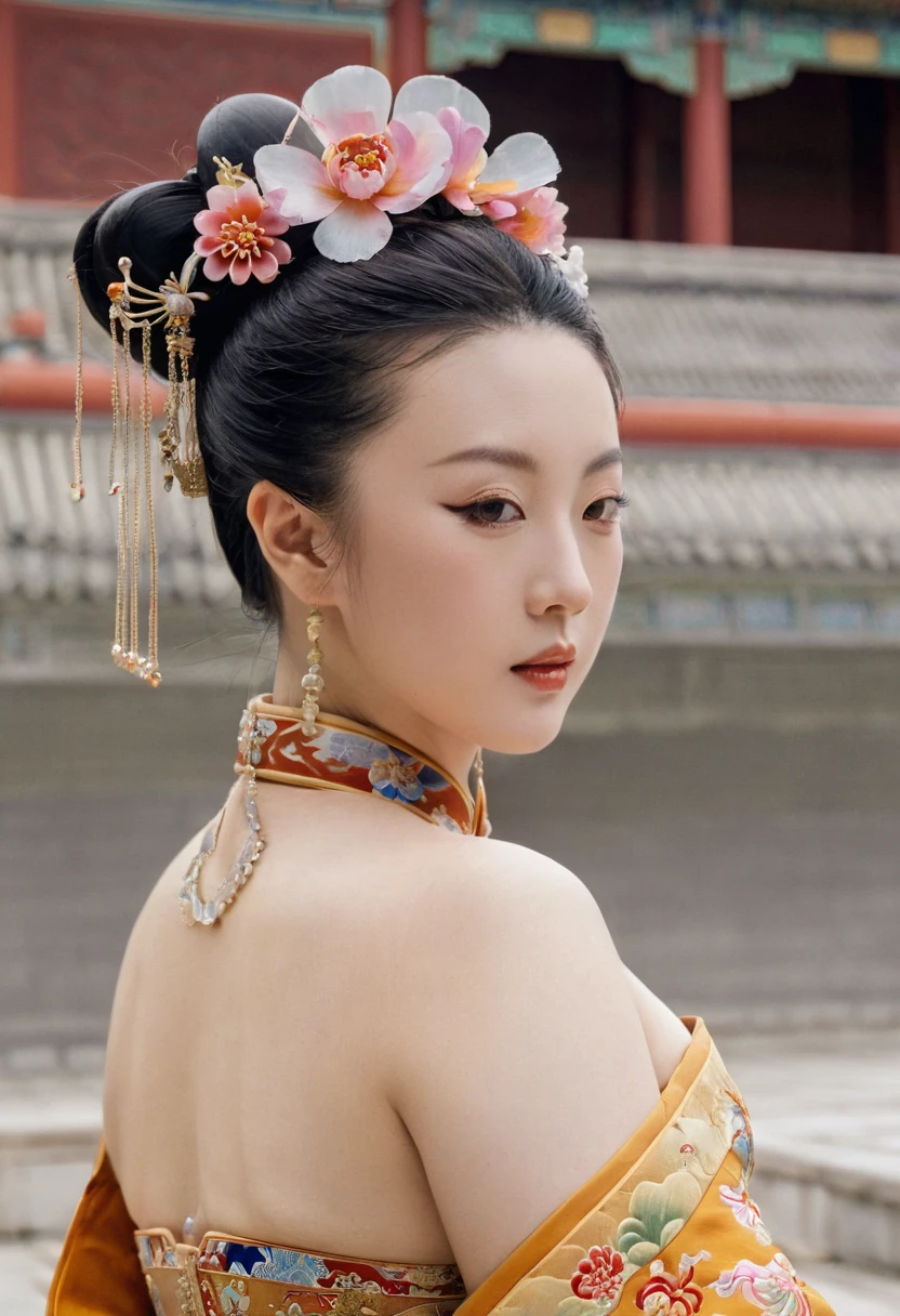 The image of a Qing Dynasty Empress with her bare buttocks visible. The background is the stone paving outside a Chinese palace during the Qing Dynasty. Only her large buttocks are sticking out. She is either wearing underwear or not. Her protruding buttocks are floating up in the air.
Her hair is decorated with a large flower ornament and a large crown.
The back of the hair is tied up and up. Erotic Woman