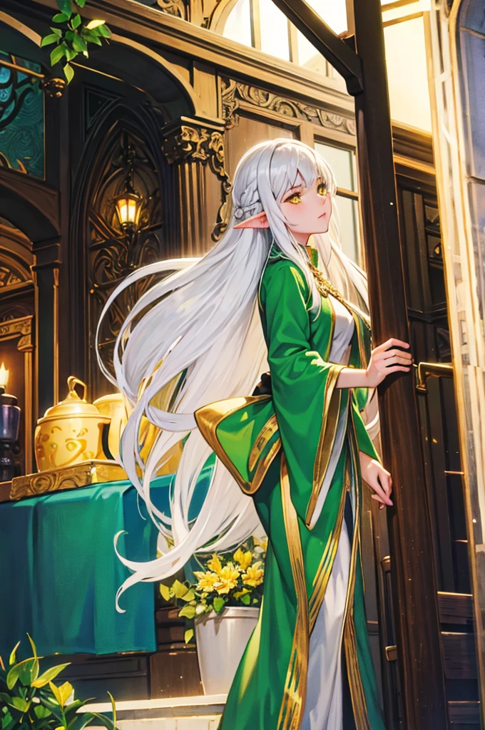 a beautiful elf with silver hair, yellow eyes, Elf&#39;s ears, White skin, big bust, sensual, glaring at you (to throw),NSFW