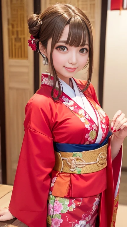 (Noble Red Micro Ancient Chinese Kimono with Slits:1.2、Hanfu、Hanbok)、1 girl、smile、Medium breast、(Bob Hair、Double Bang、Buns:1.2)、masterpiece:1.3、Highest quality、Raw photo、Detailed Images、Detailed Background、Korean Bar、Korean Lounge、Korean Cabaret、counter、Standing in front、