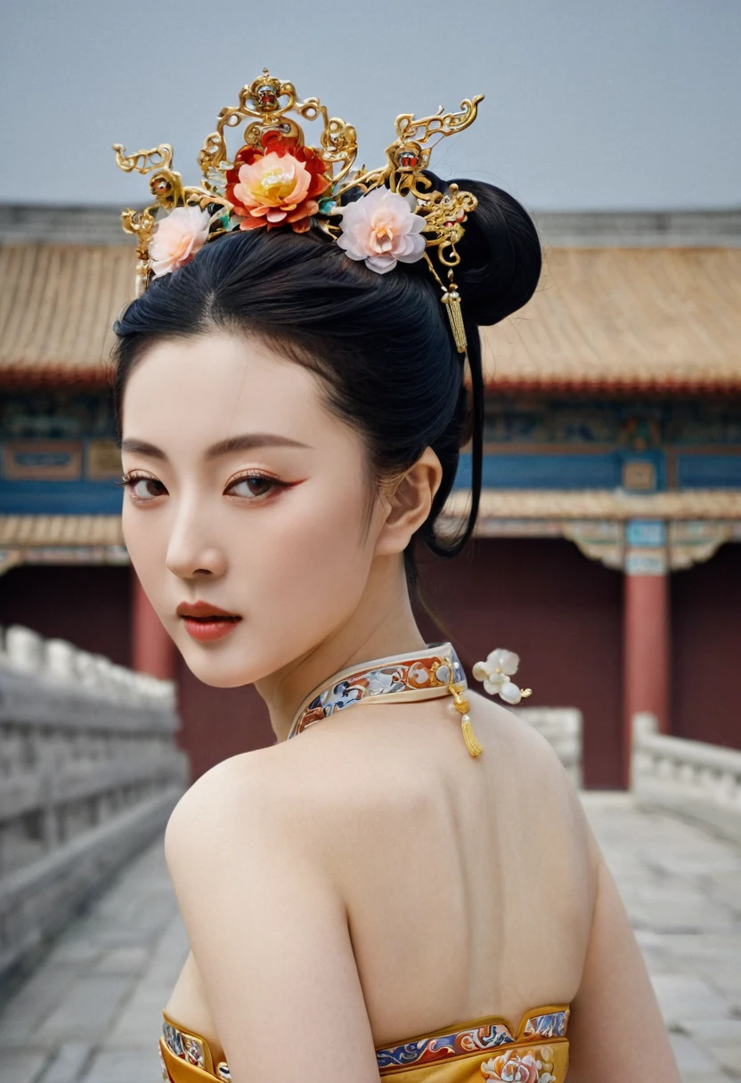 The image of a Qing Dynasty Empress with her bare buttocks visible. The background is the stone paving outside a Chinese palace during the Qing Dynasty. Only her large buttocks are sticking out. She is either wearing underwear or not. Her protruding buttocks are floating up in the air.
Her hair is decorated with a large flower ornament and a large crown.
The back of the hair is tied up and up. Erotic Woman