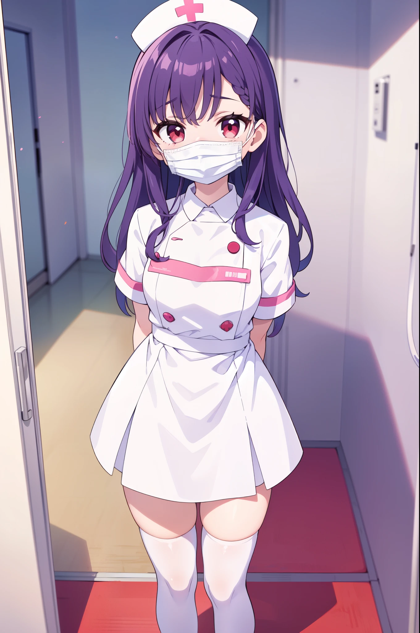 1boy, solo, male focus, nurse, white nurse cap, white nurse uniform, ((white legwear, zettai ryouiki)), white gloves, long hair, purple hair, red eyes, ((white surgical mask, covered nose)), standing, ((hospital room)), sharp outline, short sleeves, shota, 12 years old, best quality, masterpiece