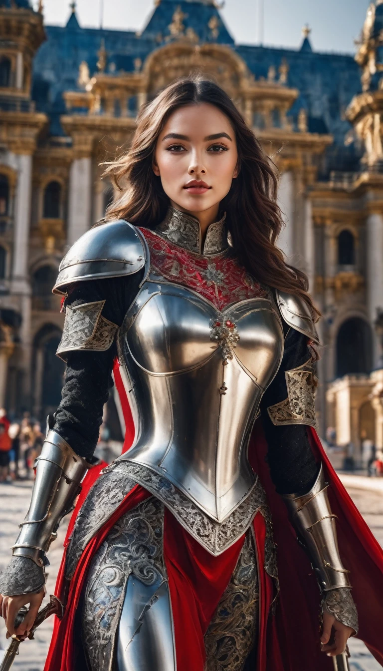 Highest quality, Realistic, photoRealistic, Award-winning photography, (Intricate details, royal palace: 1.2), (Subtle details), (Intricate details), (Cinematic Light, Super sexy long hair woman, knight, , huge bouncing chests, sexy long legs, dynamic sexy pose, knightの正装, Colorful and intricately constructed armor, knight, leg armor, Red Cape, Upper body close-up),