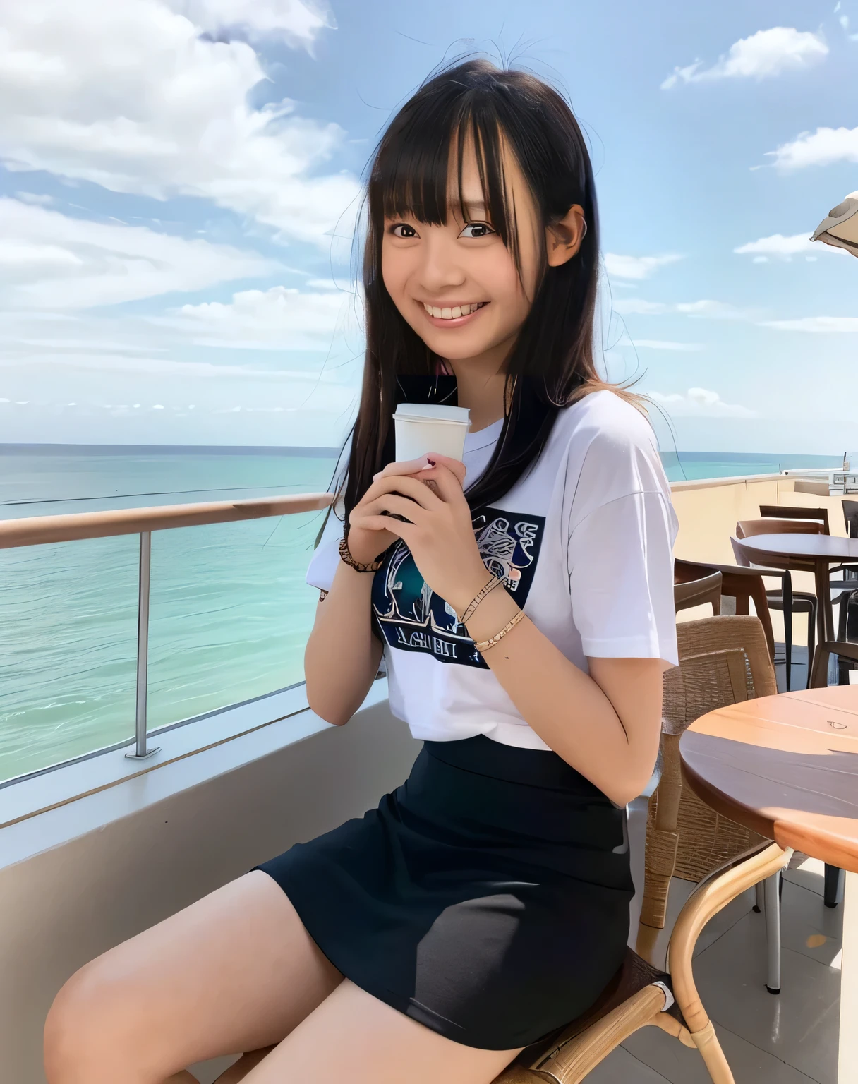 Super detailed,Highest quality,1 high school girl,,sitting in a seaside cafe,Sitting in a chair,She is wearing a black T-shirt and a mini skirt.,I can see the ocean in the distance,There is a coffee cup on the table in the cafe,Illuminated by the summer sun,Daytime sunlight,You can see the blue sky and the sea,Bracelet on arm,pink nail polish on fingers,Sitting with legs crossed,Wearing mules,Distant scenery is blurry