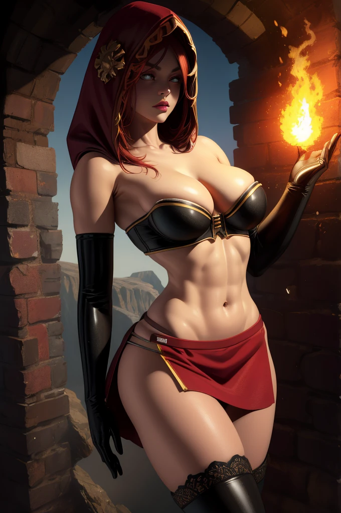 Dsorceress, redhair, shadowy face,dark cave, fire, hood, shadowed face, mini skimpy strapless bra, slim and athletic body, skinny thighs, skimpy slit miniskirt, no underwear, no panty, elbow gloves, dark skin, 1 girl (insanely detailed, masterpiece, best quality)