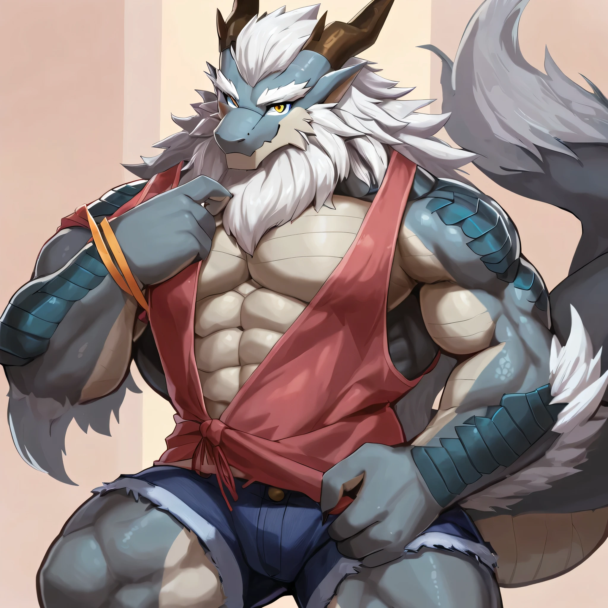 (The artist: and 13456, Loud, null-ghost, Lyndong, Takirosit),man, NRF, Eastern Dragon, , only, big breasts, Ordinary BG, one fluffy tail, manชรา, Fluffy mane, , Gray body, white hair, alone, scales, detailed scales, Take off your shirt., Jeans shorts, Dragon Mountain, yellow iris, Big eyes, white beard, soft hair, detailed face:2.0, one tail, Masterpiece:2.0, perfect eyes:2.0, good anatomy:2.0, 5 inch