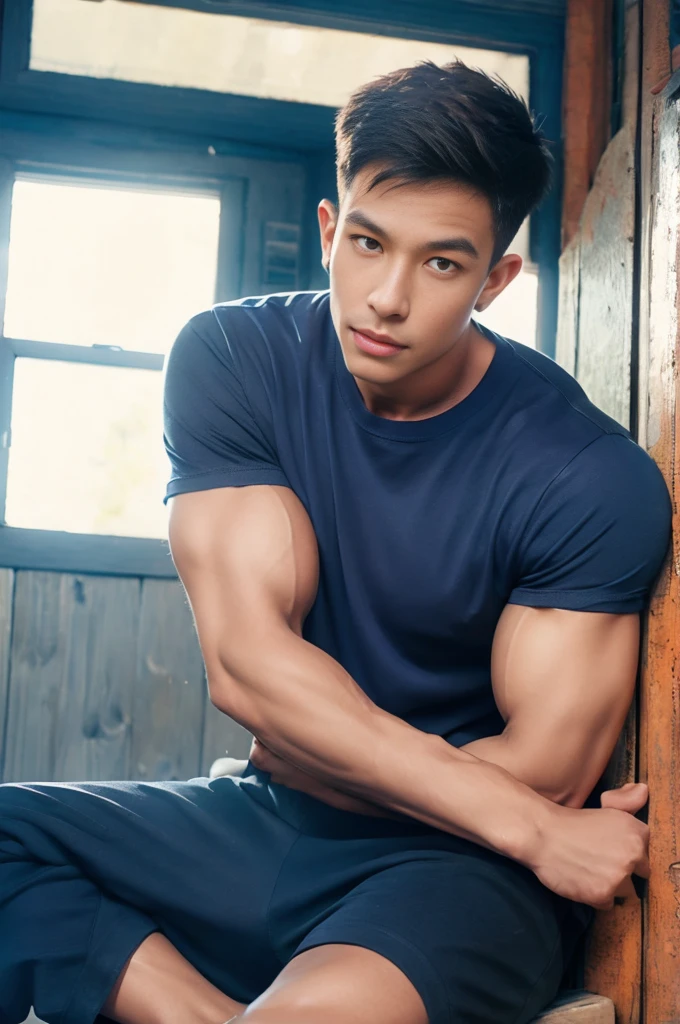 armface , Handsome young man sitting by the window, (have a mustache:1) ,(buzz cut:1.1), (short hair:1.2), The forearms are muscular., Broad shoulders, (Big muscles:1.2), looking at the audience, Balancing the eyes, (Make eye contact) (Tight T-shirt:1.5),(Navy blue shirt:1.5), black cloth pants, Big muscles, Handsome and muscular, full body angle, natural light , (in the room:1.1)