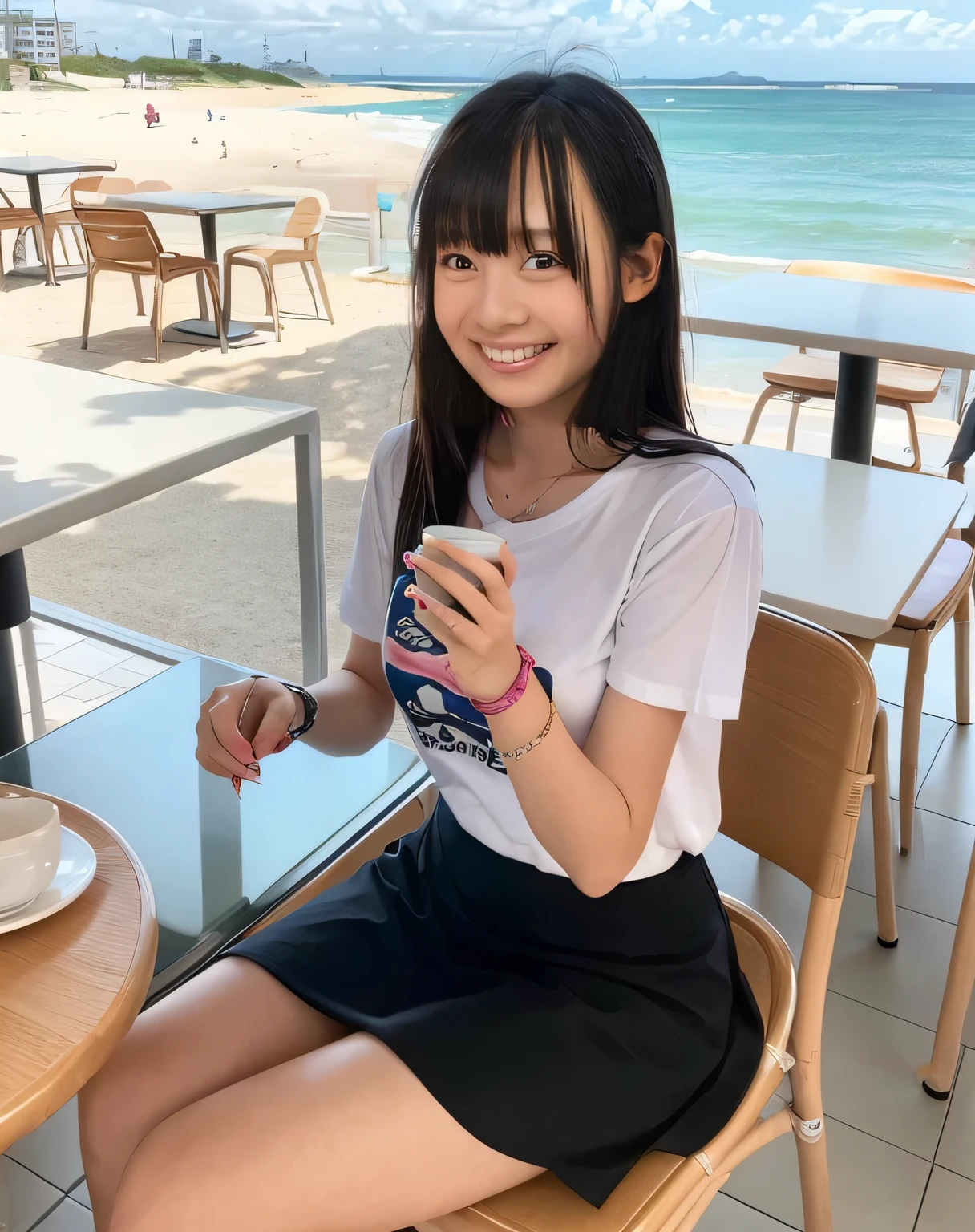 Super detailed,Highest quality,1 high school girl,,sitting in a seaside cafe,Sitting in a chair,She is wearing a black T-shirt and a mini skirt.,I can see the ocean in the distance,There is a coffee cup on the table in the cafe,Illuminated by the summer sun,Daytime sunlight,You can see the blue sky and the sea,Bracelet on arm,pink nail polish on fingers,Sitting with legs crossed,Wearing mules,Distant scenery is blurry