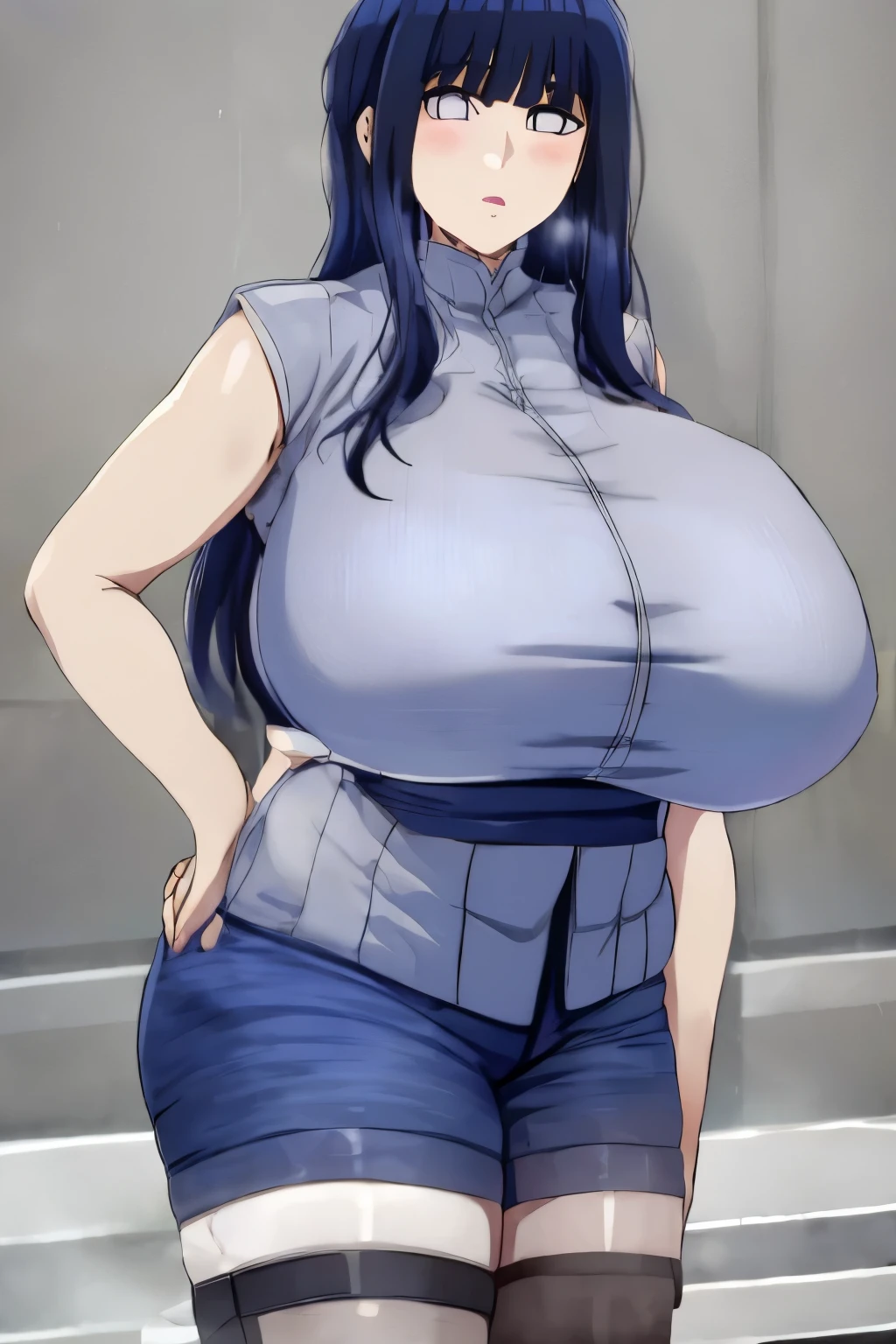 Hyuugahin, Light grey tops, "Long black hair", blue eyes, One girl, Blunt bangs, big