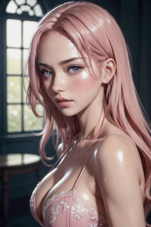 One girl, (Highest quality:1.4), (Very detailed), (Detailed light), (Very detailed美しい顔), Great face and eyes, Pink Hair, Pink Eyes, Beautiful sheer lace detailing, Beautiful breasts,, Very detailed CG 統合 8k 壁紙, High resolution raw color photos, Professional photography, Dynamic Lighting, (((Sweaty 1.2))), Depth of written boundary,