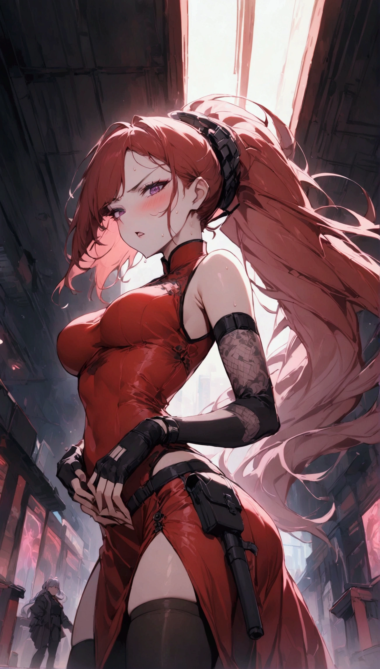 Dynamic composition,dutch angle,from side,{{masterpiece}}, {{{Highest quality}}},{{Very detailed}},{{Fight}},{{fighting stance:1.6}},{{critical situation:1.6}},{{hold down one's stomach with one's hands:1.6}},1girl,30years old,{Mature Woman}},cyberpunk,{{RED Chinese clothing:1.2}},Red sleeveless Chinese dress,pelvic curtain,black stockings,belt,black fingerless gloves,Lace arm covers,holster,{{Grit your teeth:1.4}},one eye closed, ,{{v-shaped eyebrows}},Bad mood,blush,Sweat,raise one's eyebrows ,{{View your viewers}}、Very long long hair in a ponytail.abdominal pain ,{{pain}},Inside the dojo,indoor