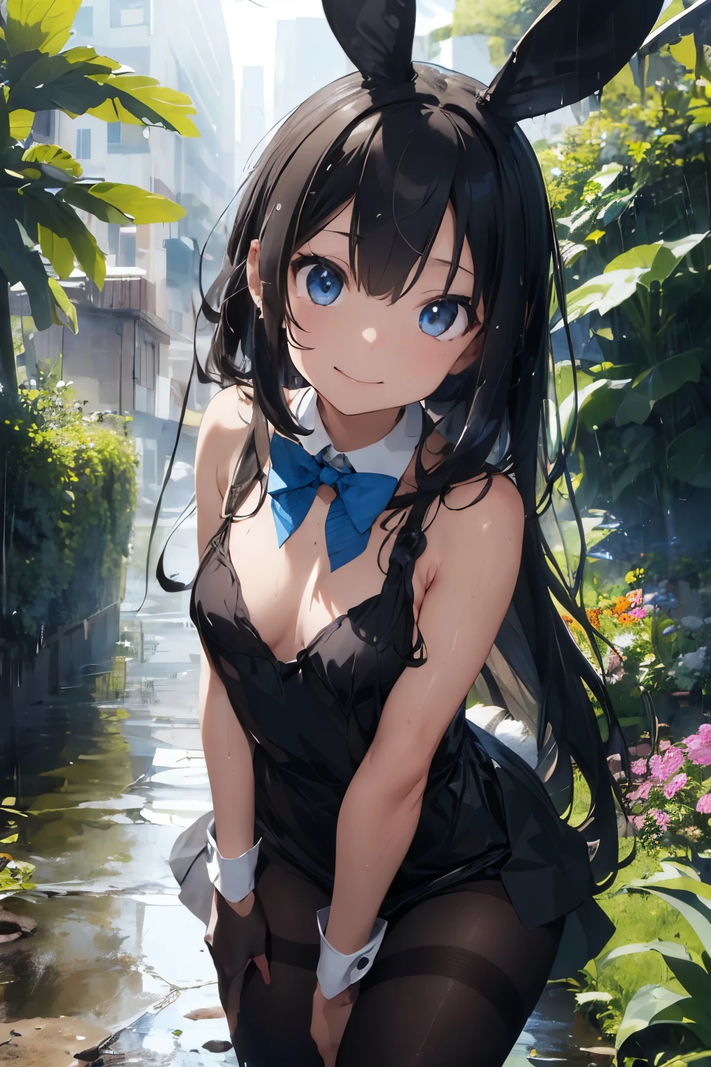 ((Highest quality)), ((masterpiece)), (detailed),((nymph)),, Black Hair,(Childish face), (Straight Hair), Girl ,Medium Breasts , ((Blue eyes)), shy-smile , ((Naked)),((topless)), Sunlight , ((extreme_close_up)) , (jungle) , ((Rainy Weather)), Get wet,, ((upper body)) ,looking at viewer, rabbit ears, black rabbit ears, fake rabbit ears, bowtie, wrist cuffs, , pantyhose, black pantyhose ,((flower garden)),