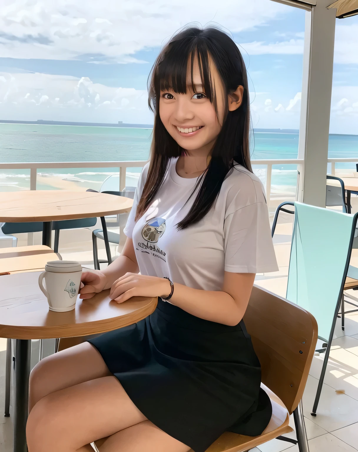 Super detailed,Highest quality,1 high school girl,16 years old,sitting in a seaside cafe,Sitting in a chair,She is wearing a black T-shirt and a mini skirt.,I can see the ocean in the distance,There is a coffee cup on the table in the cafe,Illuminated by the summer sun,Daytime sunlight,You can see the blue sky and the sea,Bracelet on arm,pink nail polish on fingers,Sitting with legs crossed,Wearing mules,Distant scenery is blurry