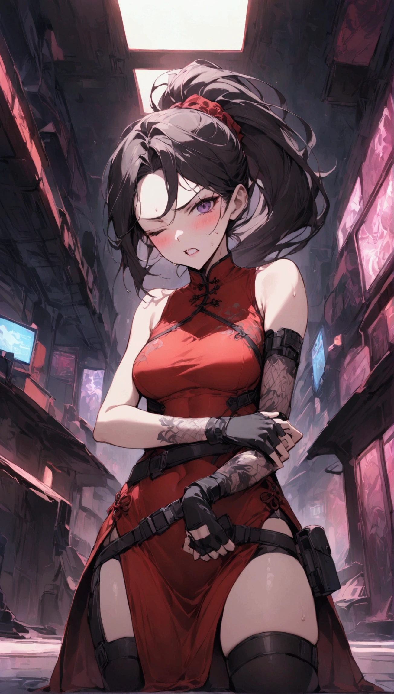 Dynamic composition,dutch angle,from side,{{masterpiece}}, {{{Highest quality}}},{{Very detailed}},{{Fight}},{{fighting stance:1.6}},{{critical situation:1.6}},{{hold down one's stomach with one's hands:1.6}},1girl,30years old,{Mature Woman}},cyberpunk,{{RED　Chinese clothing:1.2}},Red　sleeveless Chinese dress,pelvic curtain,black stockings,belt,black fingerless gloves,Lace arm covers,holster,{{Grit your teeth:1.4}},one eye closed,　,{{v-shaped eyebrows}},Bad mood,blush,Sweat,raise one's eyebrows　,{{View your viewers}}、Very long long hair in a ponytail．abdominal pain ,{{pain}},Inside the dojo,indoor